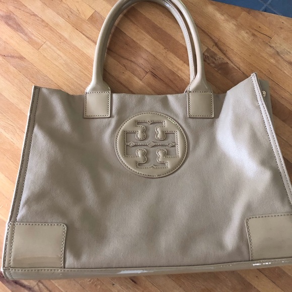 Tory Burch Handbags - Tory Burch Waxed cotton w/ tan patent mini Ella